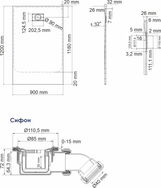 Поддон для душа Wasserkraft Elbe 74T07 120x90