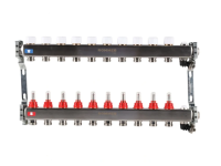 Колекторная группа для теплого пола из нержавеющей стали Rommer 1* х 3/4* - 10 выходов (с расходомерами, с клапаном выпыска воздуха и сливом)